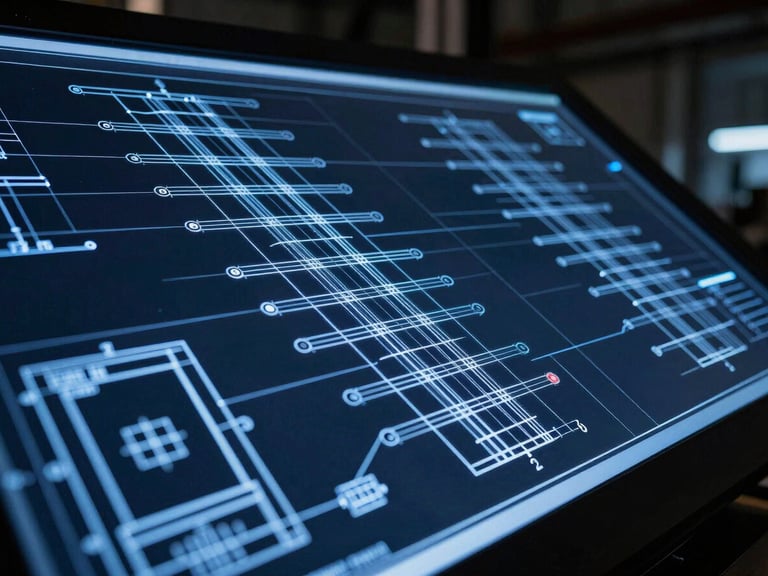 Close-up of technical CAD blueprints on a screen, cool blue lighting, precise lines, industrial background, 35mm.