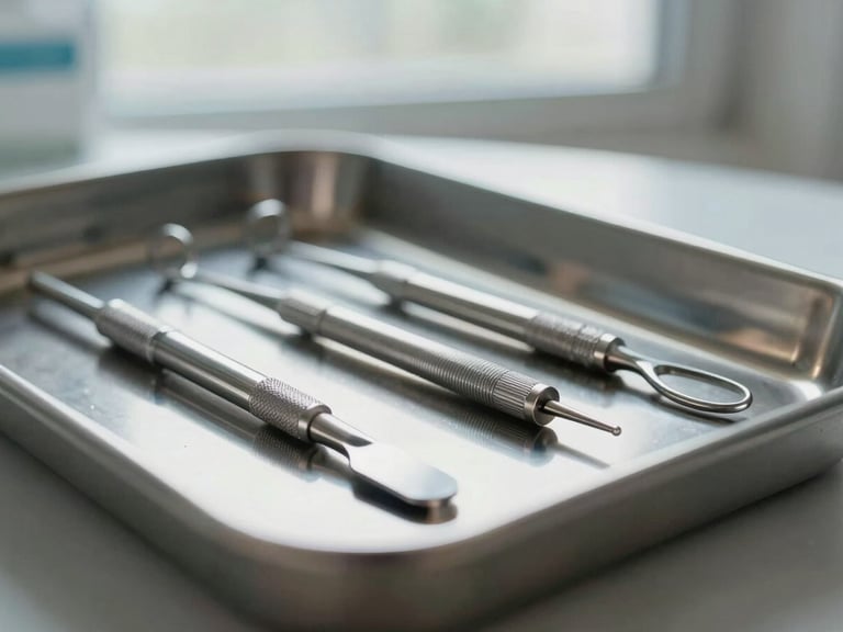 Macro shot of pristine dental instruments in soft focus on a clean metal tray, diffused natural light from a window, peaceful atmosphere.