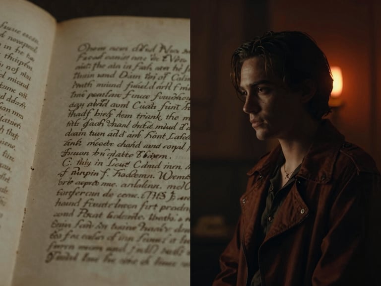Dramatic split-screen showing a manuscript page on one side and a corresponding cinematic film still on the other, high-contrast, neon accents, rich moody tones, anamorphic lens