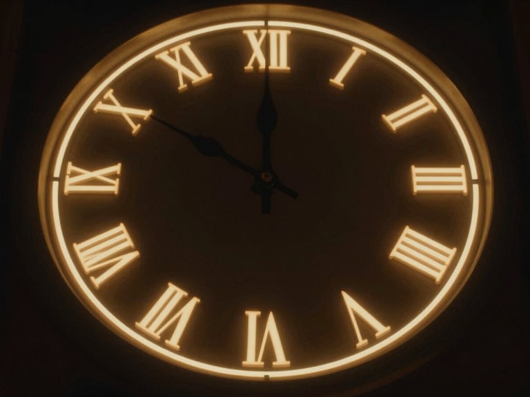 cinematic film still showing a stylized clock face with neon glow, dramatic chiaroscuro lighting, wide anamorphic aspect ratio