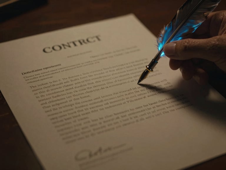 cinematic film still showing a stylized contract document with a quill pen and neon glow, dramatic chiaroscuro lighting, wide anamorphic aspect ratio