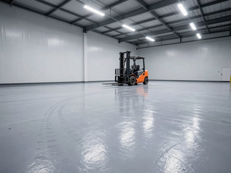 Low-angle wide shot of a pristine commercial warehouse floor with high-gloss gray coating, forklift tire marks absent, bright overhead industrial lighting, 35mm lens