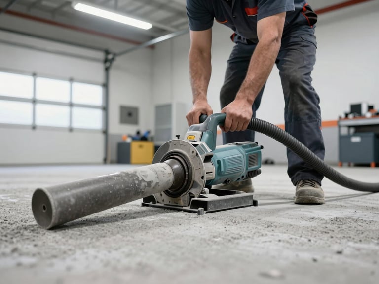 A technician operating a heavy-duty concrete floor grinder with a dust extraction hose attached, bright garage interior lighting, sharp focus on the floor texture.