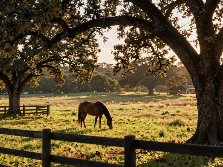 Warm golden hour sunlight filtering through live oak trees, a gentle horse grazing in a wide green pasture, rustic wooden fence in the foreground.