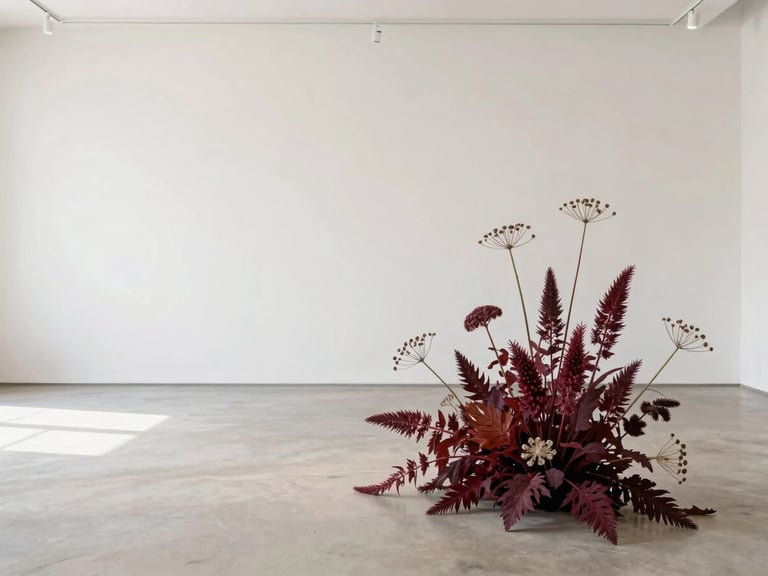 Bright editorial photography of an empty gallery-like space with a single sculptural arrangement of burgundy sanguisorba and seed heads, natural diffused daylight, clean neutral backdrops, 35mm.
