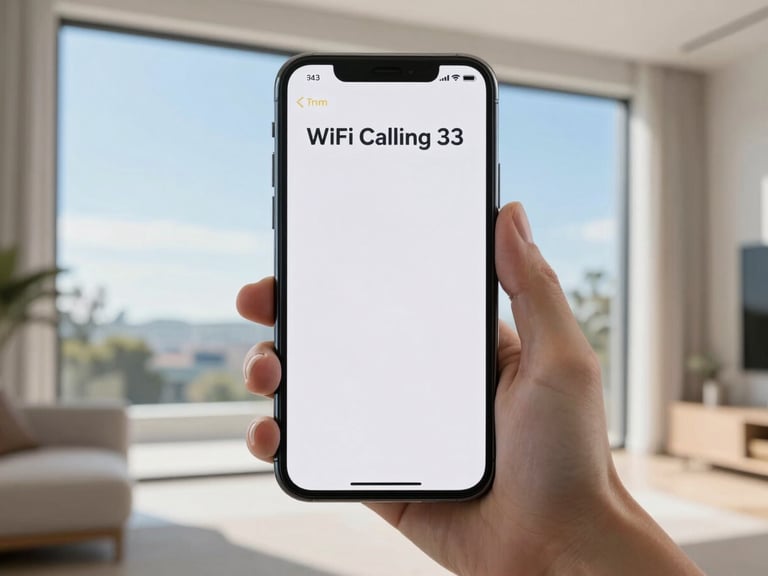 Smartphone screen displaying 'WiFi Calling' enabled, held in a hand inside a modern home, soft indoor light, 35mm