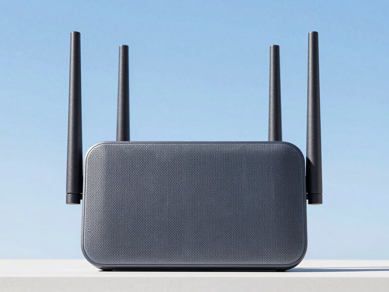 A sleek, modern mesh WiFi router unit against a clean background, crisp outdoor photography, bright natural daylight, sharp focus, 35mm