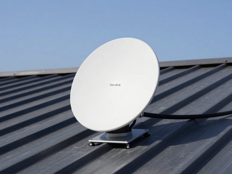 Starlink Gen 4 dish mounted cleanly on a dark metal roof, showing neat cable routing, bright natural daylight, 35mm