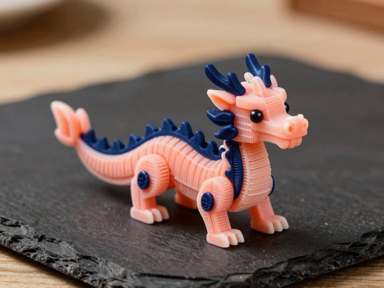 Close-up of a colorful 3D-printed articulated dragon toy resting on a dark slate surface, vibrant peach and navy filament accents, warm light