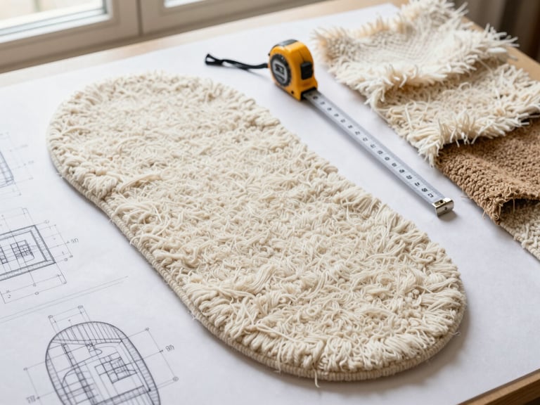 Overhead flat-lay photograph of a designer's technical drawing for a custom rug, showing precise measurements and an unusual, organic shape. Beside it, a measuring tape and a few swatches of hand-spun wool in cream and sand tones. Soft natural light, warm editorial photography.