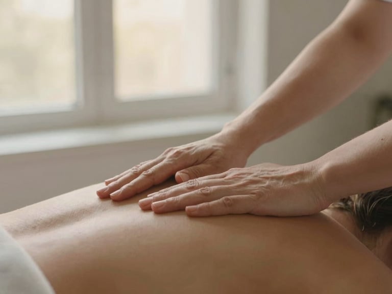 Close-up of professional female hands performing a precise massage technique on a client's shoulder, soft window daylight, focus on hands and gentle movement.