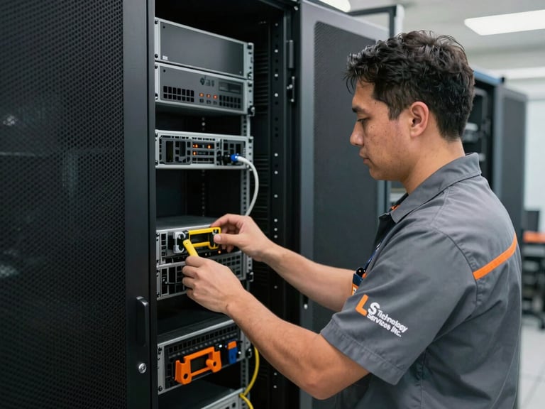 Medium shot of a L S Technology Services Inc. technician in branded gear, working on a server rack with tools, clean indoor utility lighting, sharp focus.