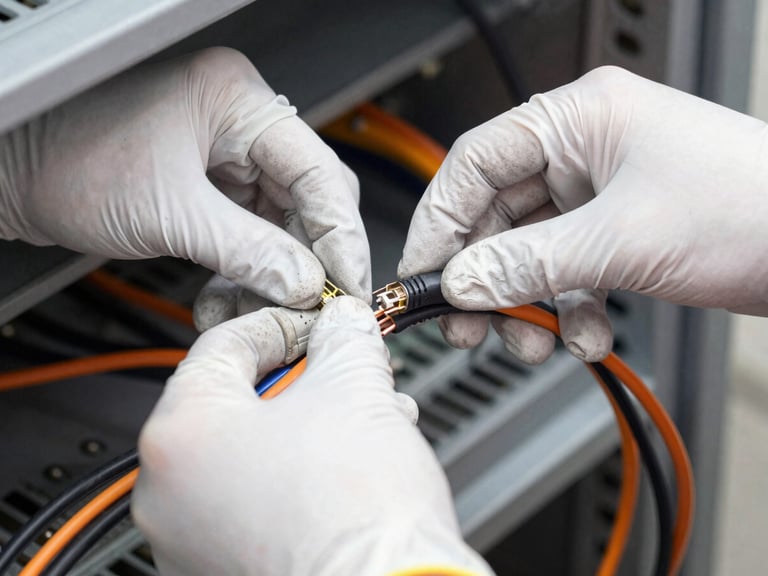 Close-up of a technician's hands wearing gloves, carefully organizing a bundle of structured cables, high-contrast lighting.