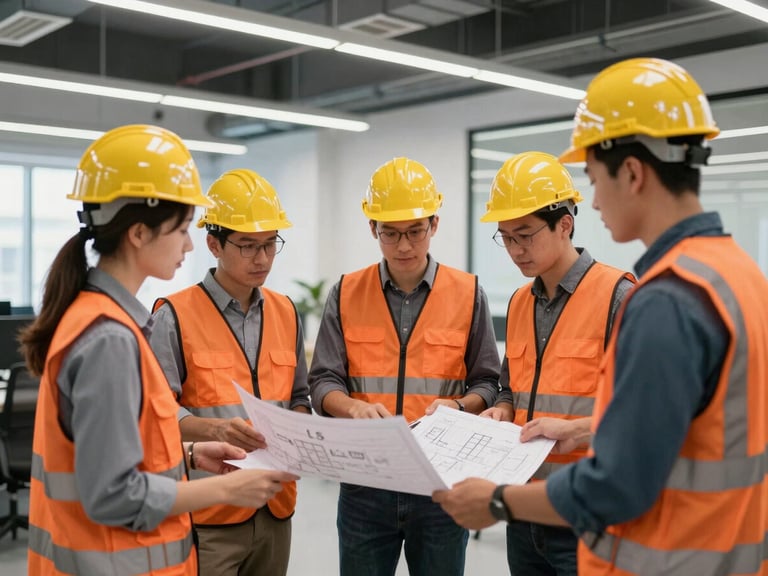 Technical team portrait of L S Technology Services Inc. engineers discussing blueprints in a modern office, bright indoor lighting.