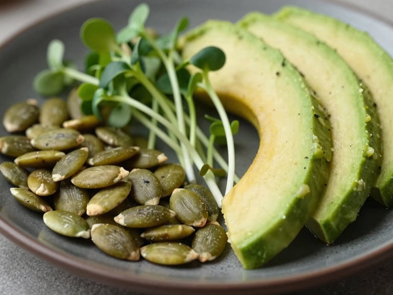 Macro close-up of vibrant fresh salad ingredients, pumpkin seeds, sliced avocado, and crisp microgreens on a dark ceramic plate, bright natural side light, sharp textures