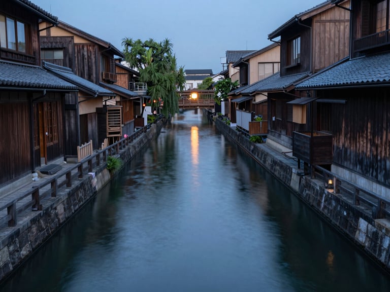 Wide environmental shot of a narrow canal in Osaka at blue hour, the last daylight reflected as a pale stripe on still water, dark wooden buildings flanking both sides, a single paper lantern glowing amber above the far end of the canal