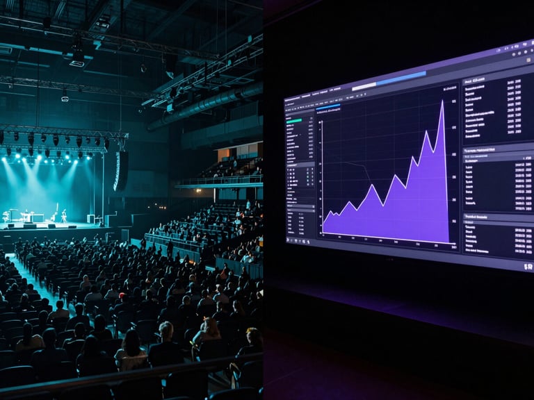 Split-screen composition, left side shows a dark packed concert arena under cyan lights, right side shows a clean futuristic data visualization dashboard with glowing violet charts.