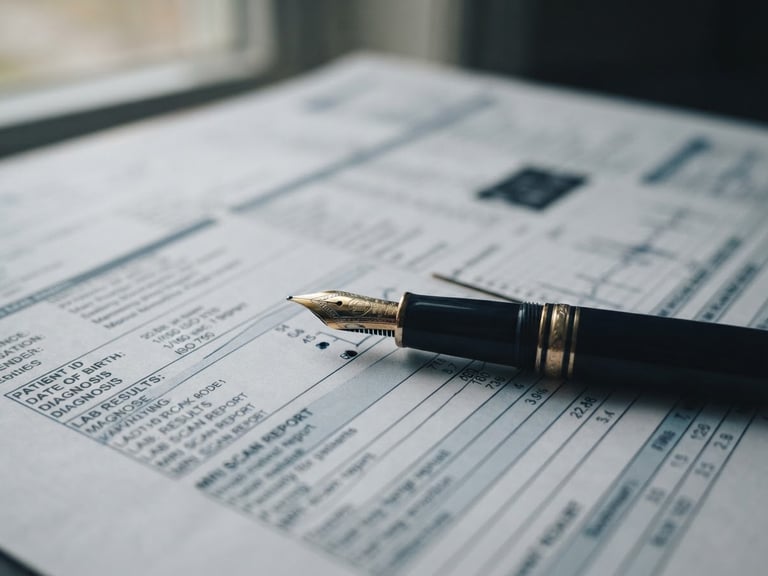 Macro detail of a fountain pen resting on a complex printed medical report, soft window light, deep navy tones, shallow depth of field, 35mm