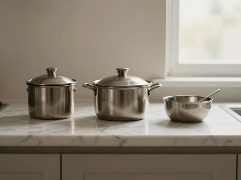 Detalhe de um conjunto de utensílios de cozinha em metal escovado sobre uma bancada de mármore, luz suave, composição minimalista.