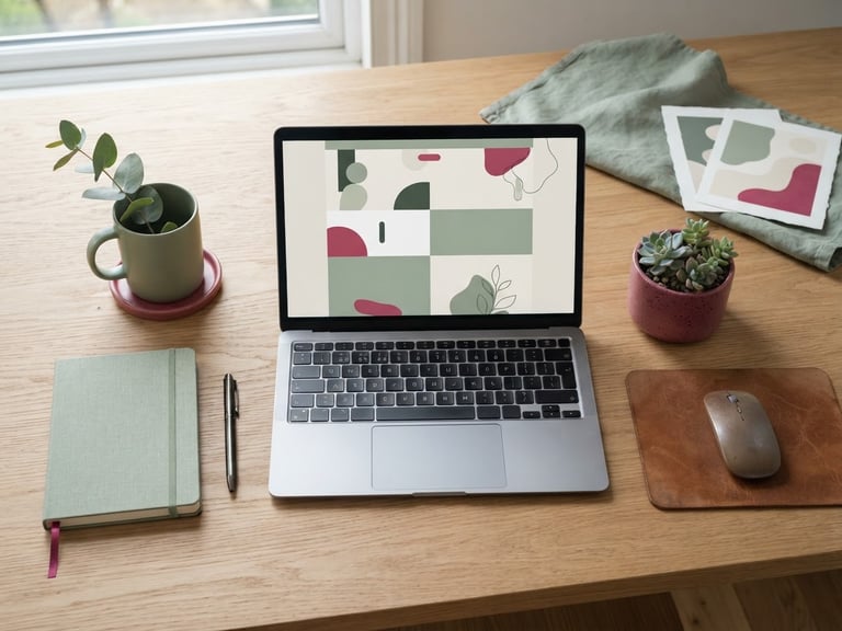 A clean flat-lay of a creative workspace with a modern laptop showing a minimalist website layout, soft natural overcast daylight, muted sage green and deep pink accents, 35mm lens.