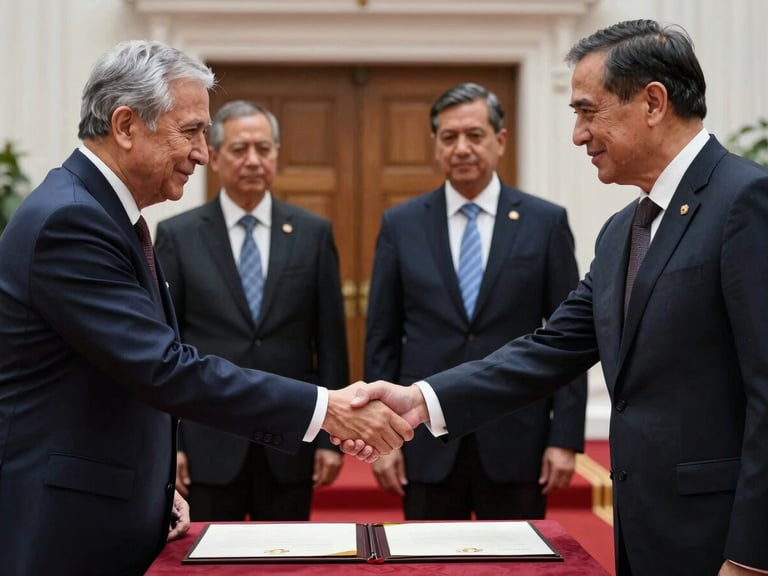 Dignified bilateral signing ceremony in a formal state hall, high-contrast cinematic daylight, focus on signed documents and a firm handshake between officials.