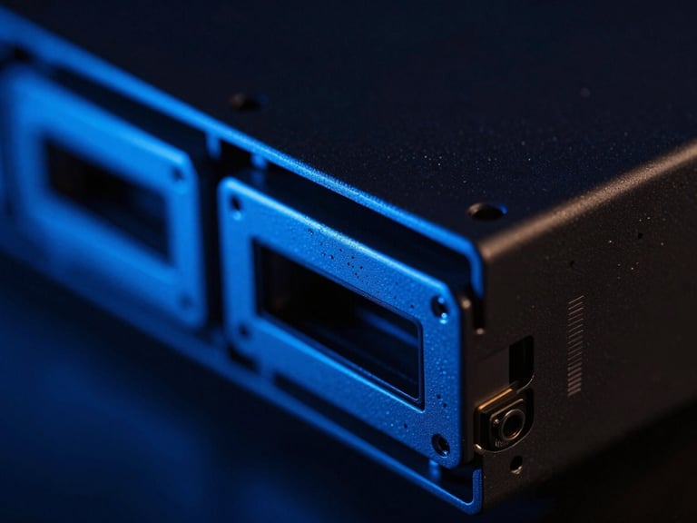 Macro close-up of high-end server hardware with cool-toned blue ambient glow, sharp technical angles, low-key dramatic studio lighting
