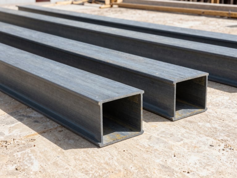 Architectural photography, wide shot of heavy structural steel reinforcement beams stacked on a Split construction site, sharp shadows, bright Mediterranean daylight, 35mm