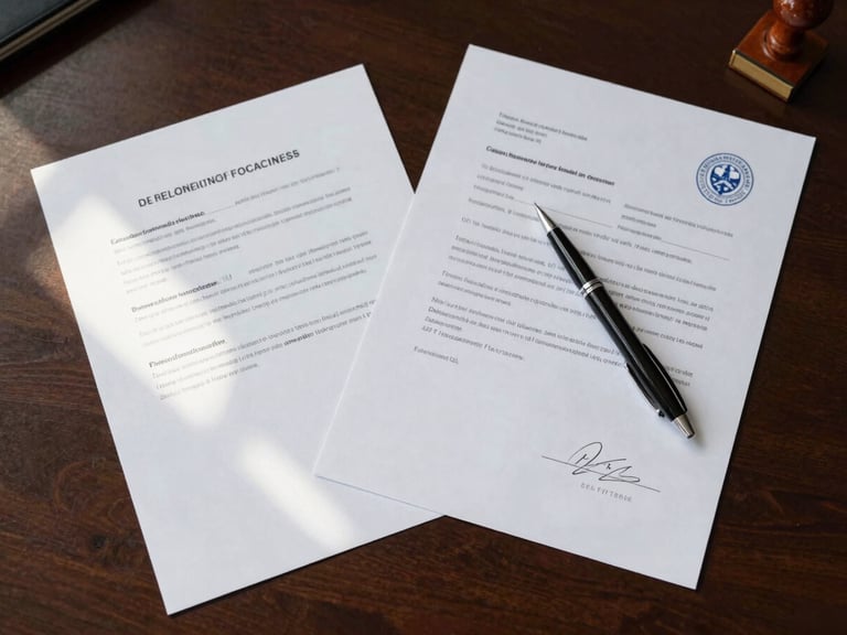 Overhead flat-lay of official documents spread across a dark mahogany desk, a pen resting diagonally across a signature line, a visible corporate seal stamp to the upper right corner, diffused north-facing daylight from the left casting clean shadows on the paper surface