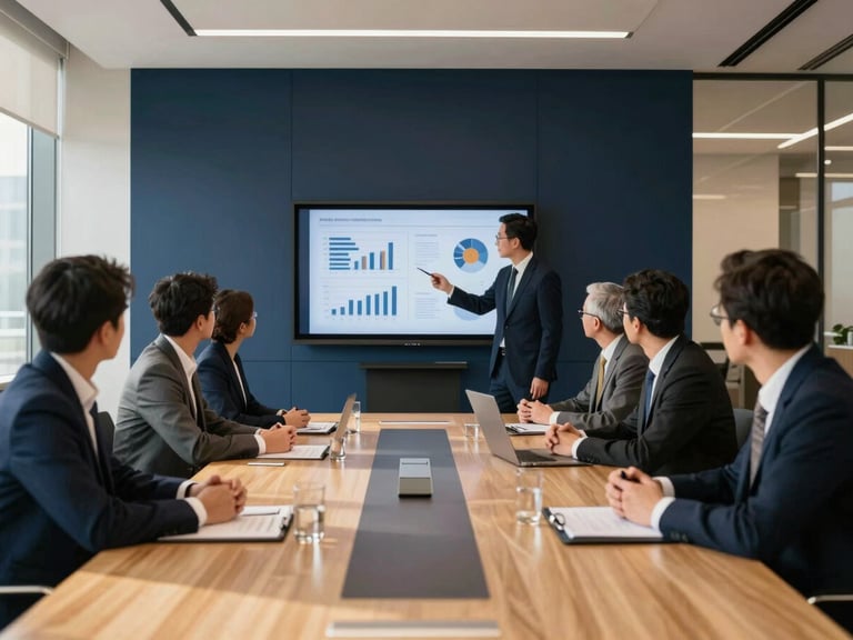 Wide-angle corporate boardroom meeting, professional executives analyzing charts on a screen, natural daylight, deep navy and warm gold undertones.