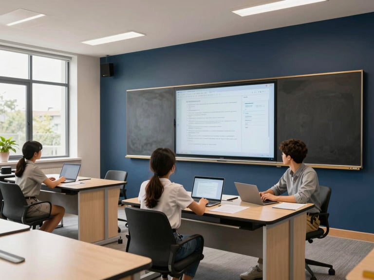 A high-tech digital classroom with interactive smartboards and students collaborating around modular desks, daylight flooding the space.