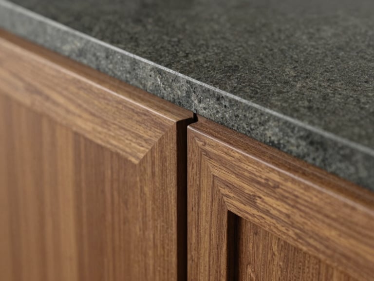 Close-up detail shot, raking natural sidelight, the junction between a walnut cabinet door and a dark stone worktop edge — the edge profile, the material transition, and the flush hardware recess all visible in a single tight frame, depth of field shallow to isolate the joint precision