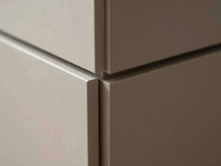 Extreme close-up of a cabinet door edge showing the precision of the edge banding joint and the recessed handle channel, natural side light revealing the material depth and the sharpness of the joinery transition at millimeter scale