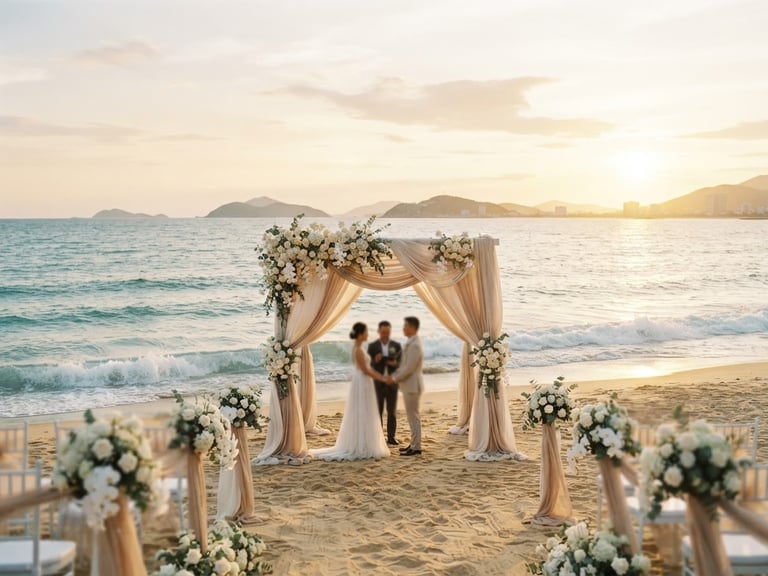 Wide environmental shot of a luxury wedding altar on a Nha Trang beach at golden hour, soft champagne drapes, delicate white floral arrangements, gentle ocean waves, 35mm