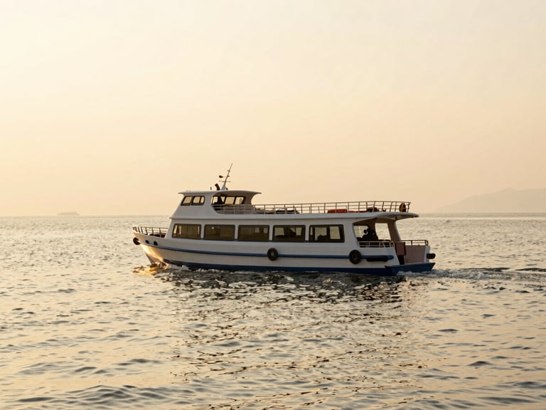 A luxury shuttle boat approaching a private resort pier in Nha Trang, golden hour sun reflection on the water, editorial travel style