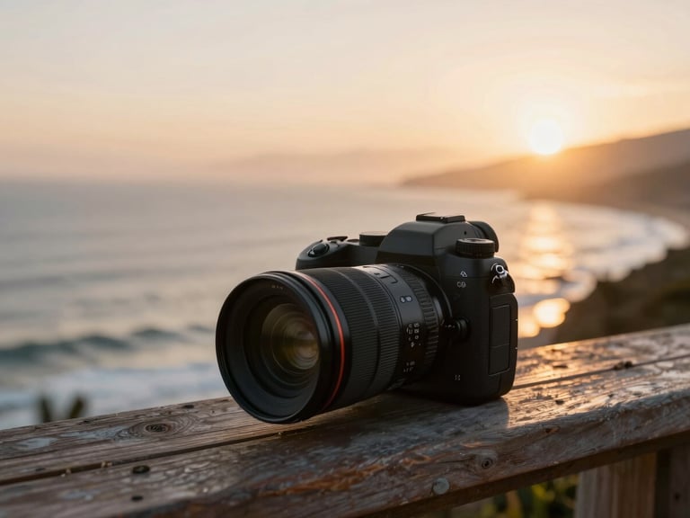 A close-up of a professional mirrorless camera and drone setup resting on a wooden ledge overlooking a sweeping coastline at sunrise, golden hour light, soft ocean mist in the background.