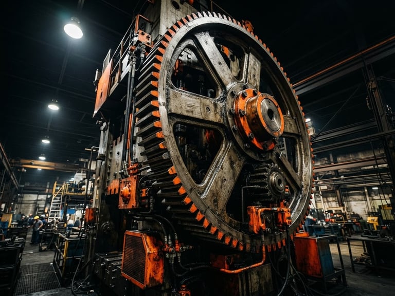 Low-angle heroic shot of a massive steel hydraulic press gear, high-contrast industrial lighting, safety orange accents, sharp focus