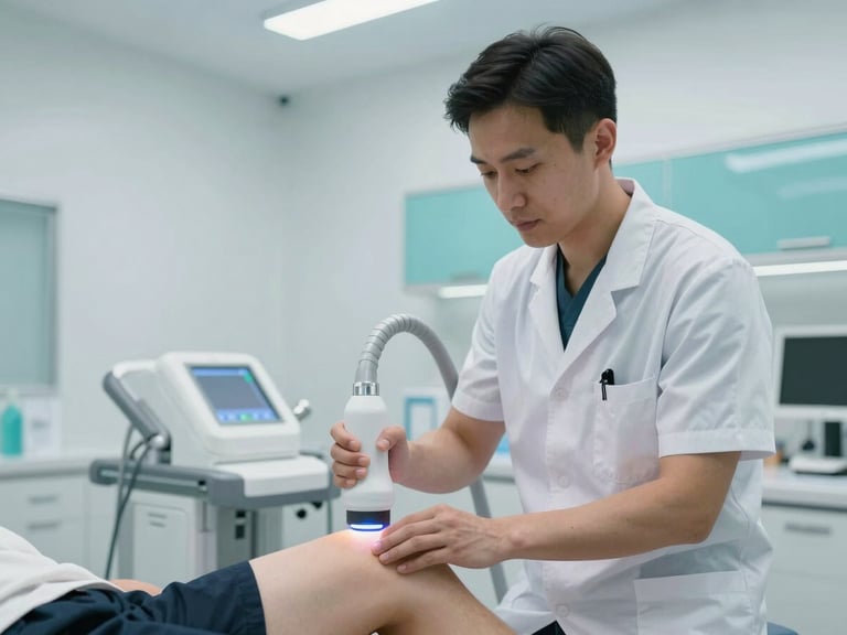 Medium shot of a physician directing a photobiomodulation laser handpiece toward a patient's knee joint in a clean modern clinic room, cool clinical LED ambient light, the laser device visible and in focus in the foreground, white walls and teal equipment accents in background