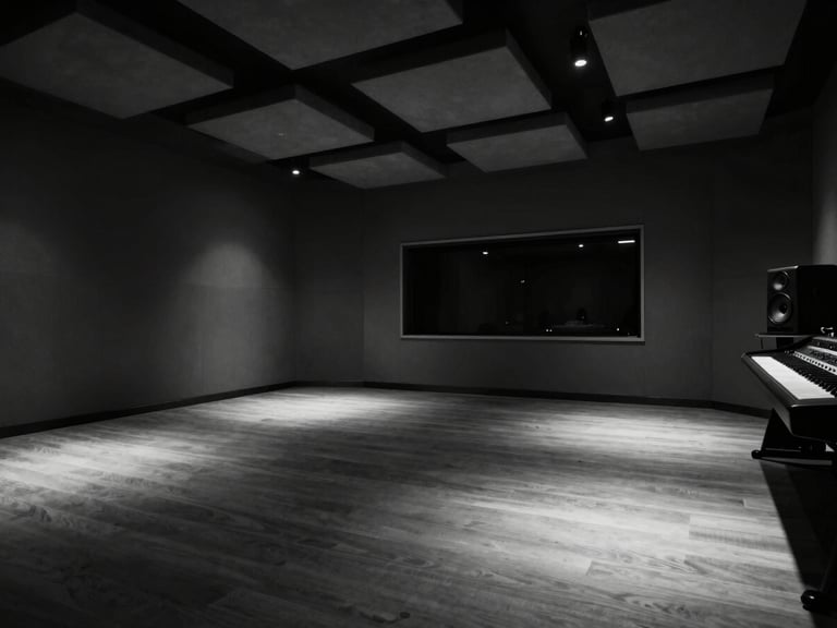 Wide architectural shot of an empty recording studio interior, deep shadows pooling in the far corners, a single studio monitor glowing faintly at the right edge, geometric ceiling panels receding into darkness, high-contrast monochrome atmosphere, extreme negative space dominating the frame