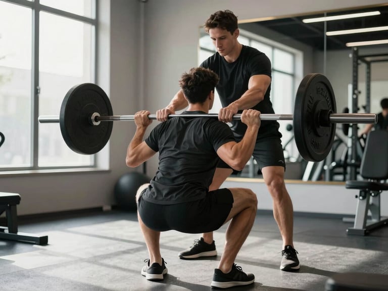 Wide editorial frame: a trainer standing behind a client performing a barbell squat, trainer's hands making a precise postural correction at the upper back, controlled daylit gym environment with crisp side-lighting, focus on the physical contact and alignment detail, no faces prominent, environment clean and purposeful