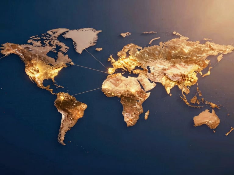Wide cinematic industrial photography of a global map with glowing lines connecting continents, dramatic golden-hour light, deep blue and orange tones, sharp details.