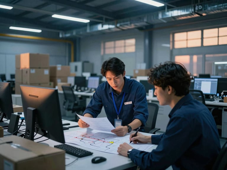 A logistics professional in a modern office collaborating with a client over a detailed route plan, focused on the documents, cinematic industrial photography, dramatic blue and orange lighting.