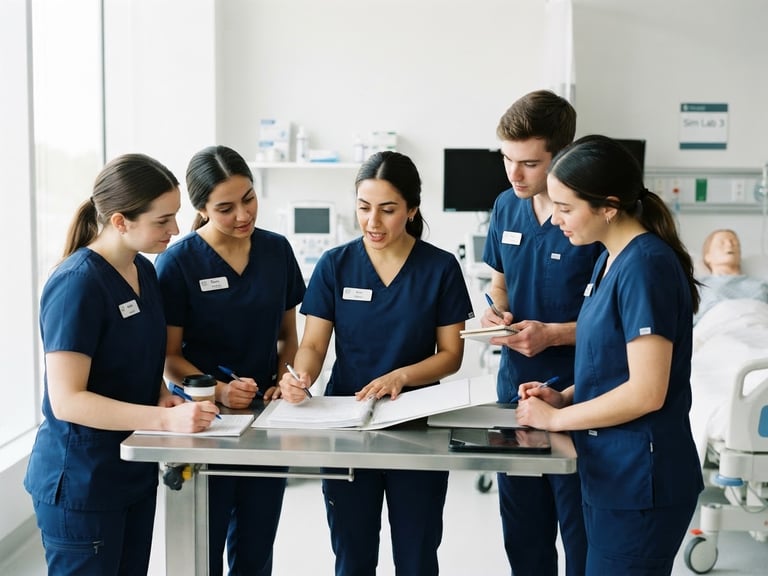 A collaborative group of nursing students in clean blue scrubs discussing clinical charts in a bright, modern simulation lab, sterile white background, natural daylight, sharp focus, 35mm