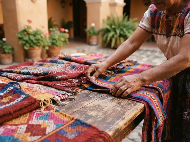 Close-up of hands arranging colorful artisanal textiles on a rustic wooden table in Oaxaca, natural courtyard light, warm editorial travel photography.
