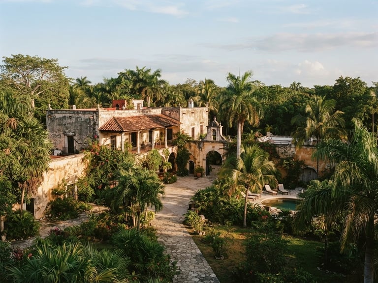 Wide scenic shot of a private historic hacienda in Yucatán, surrounded by wild palms, soft afternoon shadow, 35mm film style.