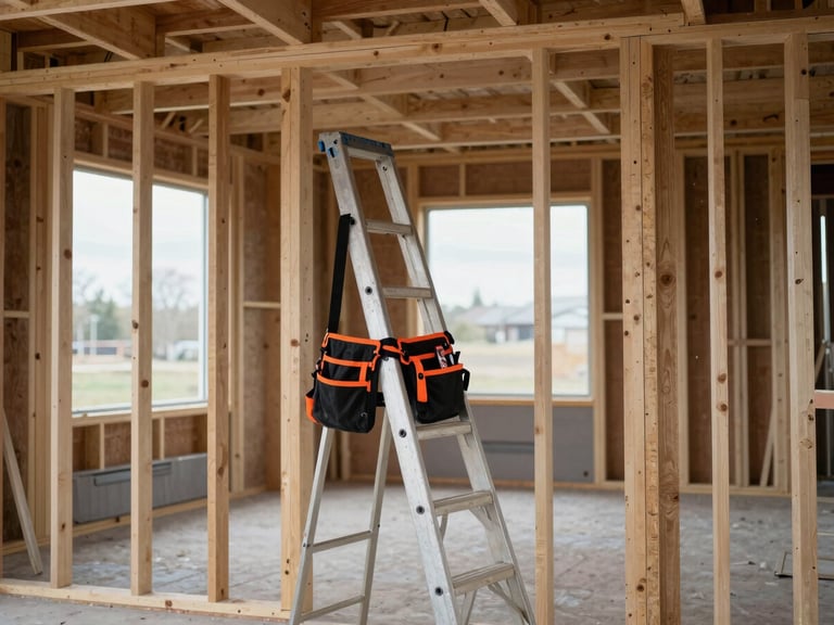 Interior framing of a residential house under construction, raw wood studs, tool belt hanging from a ladder, overcast daylight through open windows.