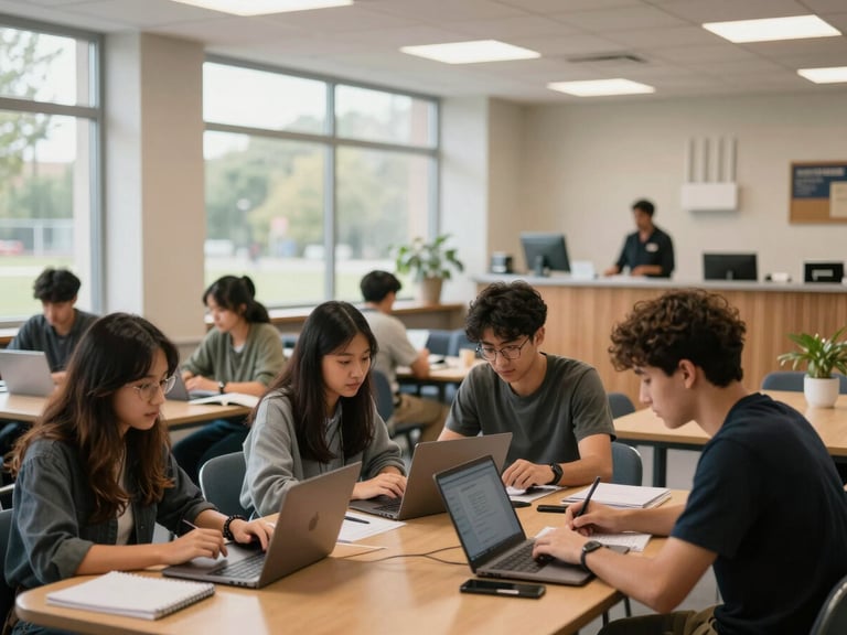 Environmental wide shot of a university student residence common area in active use — students at tables with laptops and notebooks, a clearly marked Wi-Fi router on the wall, natural daylight through large windows, a staff member visible at the reception counter in the background