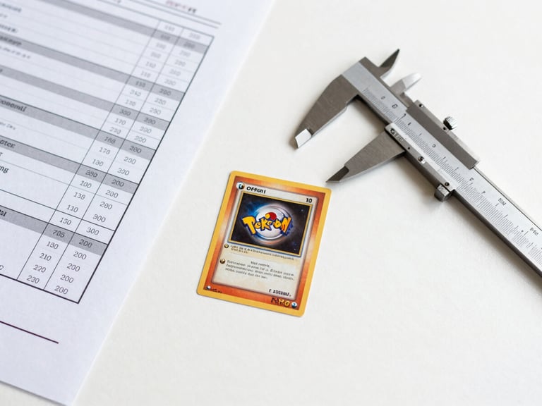 Overhead documentation shot of a grading workspace — a single vintage Pokémon card laid flat on a white surface beside a printed grading rubric sheet and a set of calipers, bright north-facing daylight, no hands visible, clean and spare