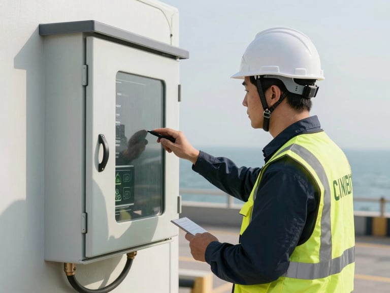 An engineer wearing a white hard hat and branded safety vest inspecting a clean, wall-mounted industrial enclosure near a coastal facility.