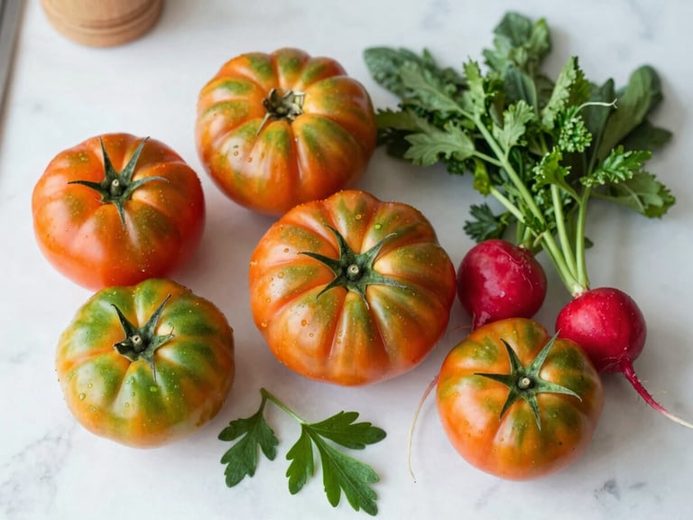 Top-down flat lay of freshly harvested heirloom tomatoes, crisp radishes, and vibrant green herbs on a clean white marble kitchen counter, natural morning daylight, sharp focus, 50mm lens.