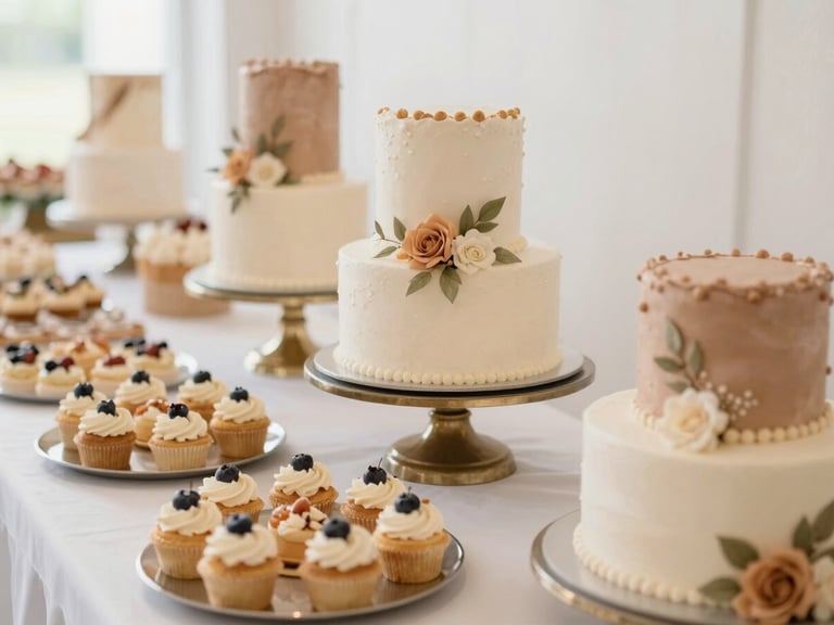 Beautifully decorated cake and dessert table at a social celebration, with soft ambient lighting. Warm desaturated earth tones, elegant styling, shallow depth of field, 35mm.